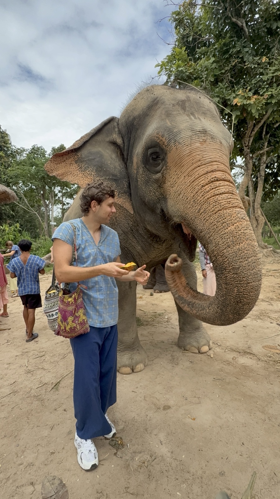 Krystian feeding an elephant in Thailand
